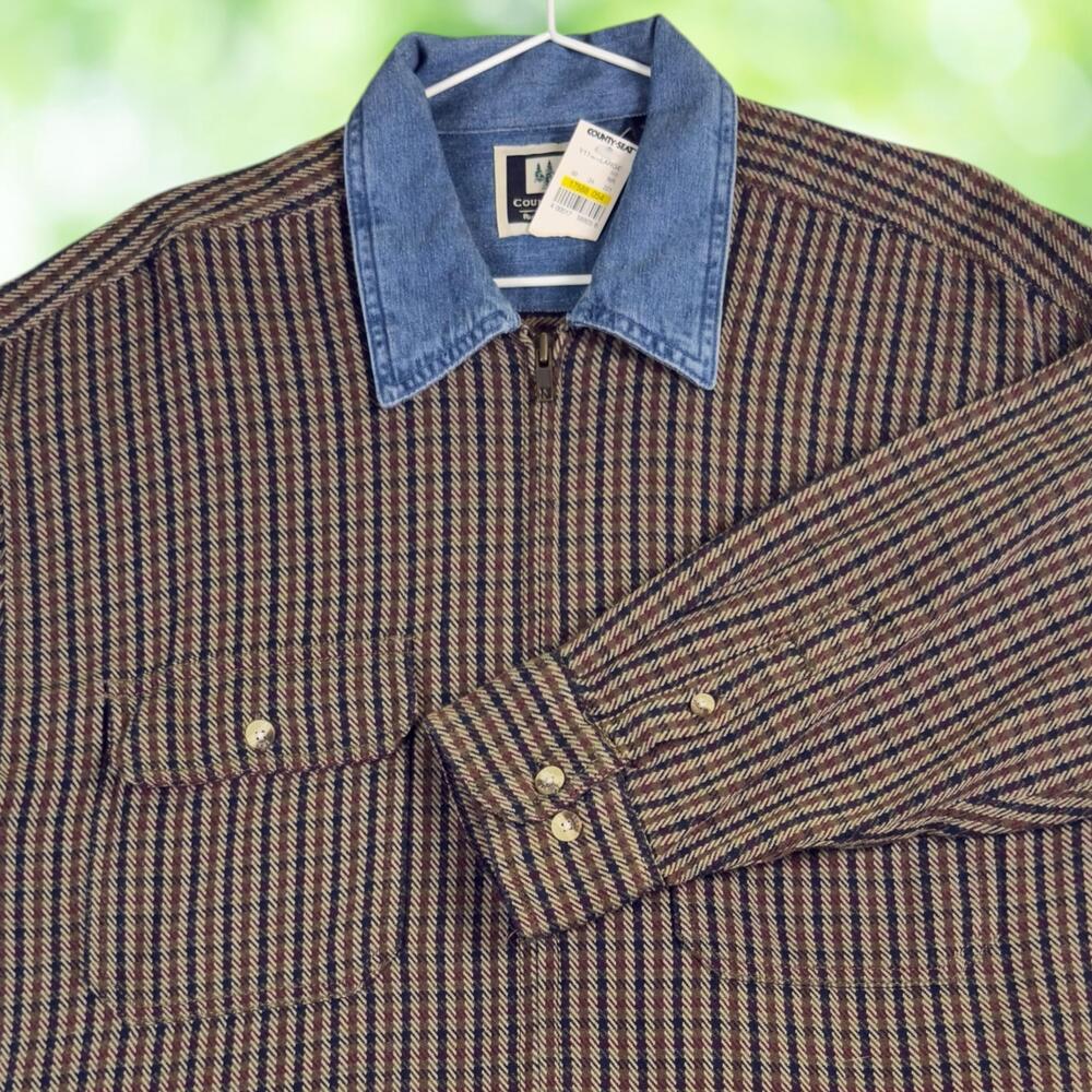 New Vintage COUNTY SEAT Herringbone Work Shirt Full Zip Denim Collar Mens L